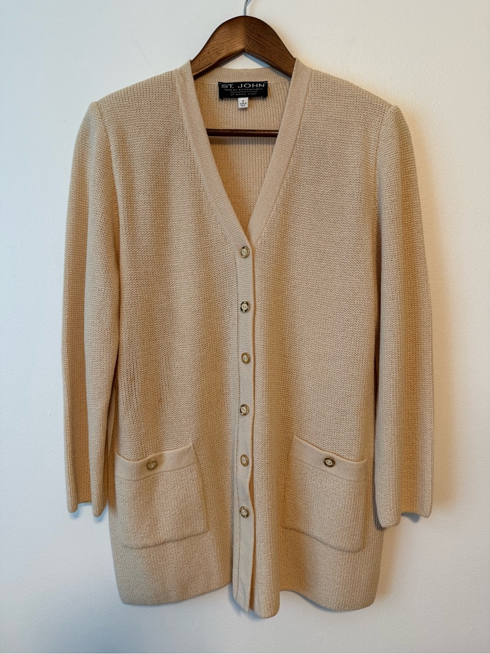 St. John Cream Knit V-Neck Button Cardigan
